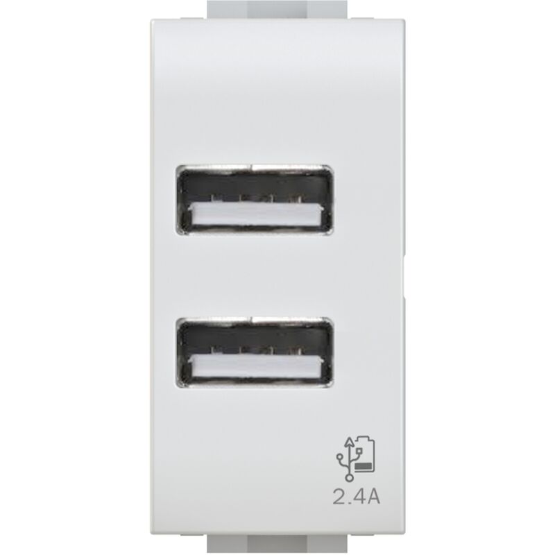 foto del prodotto modulo doppia presa usb 2.0 tipo a, 5vdc 2,4a, serie u, bianco, compatibile con serie bticino living light 4box usb 2.4 4b.n.usb.24