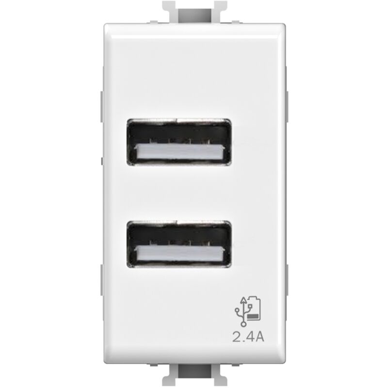 foto del prodotto modulo doppia presa usb 2.0 tipo a, 5vdc 2,4a, serie u, bianco, compatibile con serie bticino matix 4box usb 2.4 4b.am.usb.24
