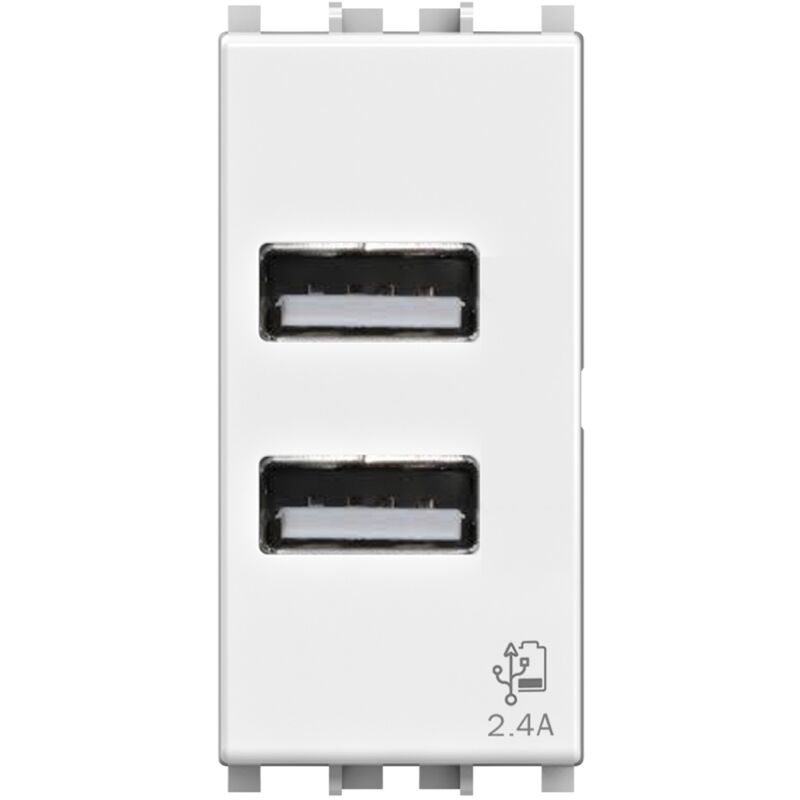 foto del prodotto modulo doppia presa usb 2.0 tipo a, 5vdc 2,4a, serie u, bianco, compatibile con serie vimar plana 4box usb 2.4 4b.v14.usb.24