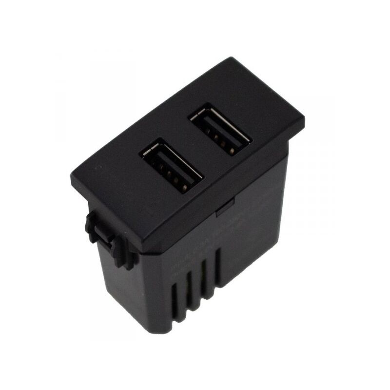 foto del prodotto modulo presa caricatore usb 5v 2,4a 2 porte usb a colore nero compatibile con bticino living e vimar plana