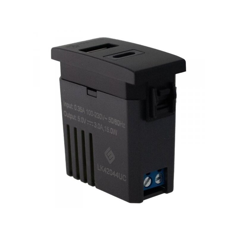 foto del prodotto modulo presa caricatore usb 5v 3a usb a usb c colore nero compatibile con bticino living e vimar plana