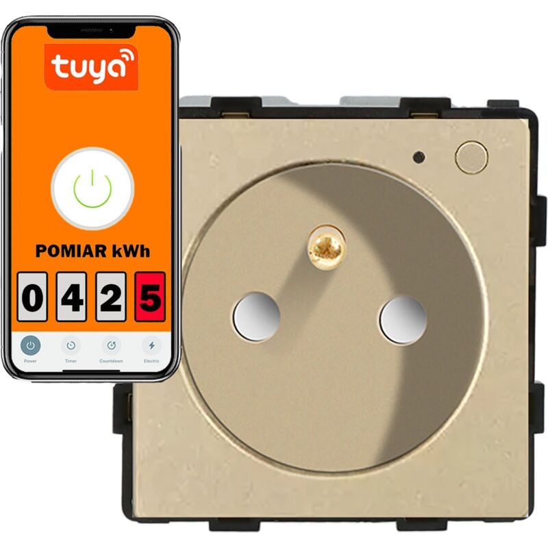 foto del prodotto modulo presa elettrica con spina 230v con misurazione energia wi-fi, colore oro