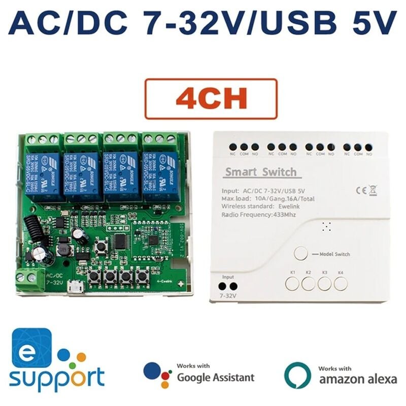 foto del prodotto modulo relè 7-32v smart wifi con telecomando rf433 compatibile con ewelink 4