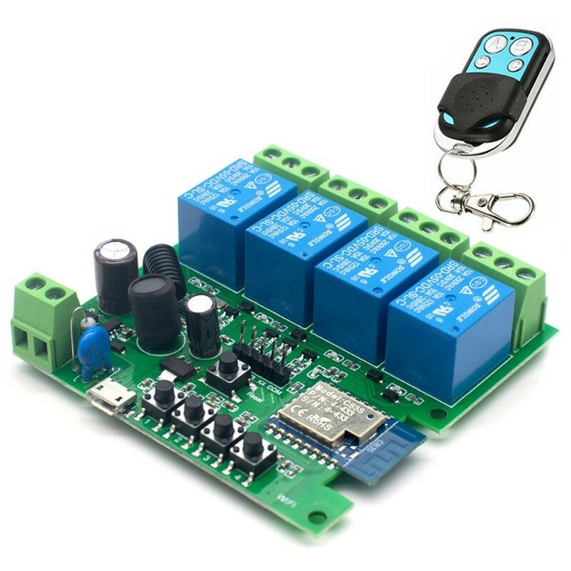 foto del prodotto modulo rel smart wifi con telecomando rf433 4 tuya