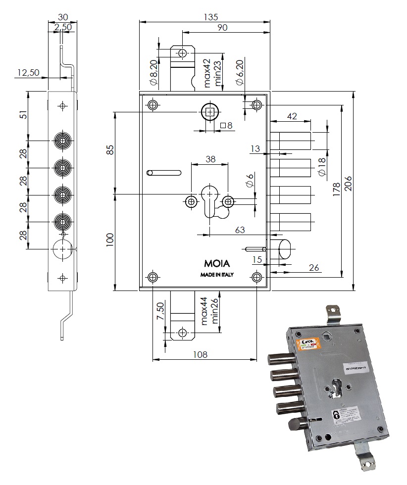 foto del prodotto moia serratura 664 280dfb 10 triplice mm.63 cil.europeo x p.