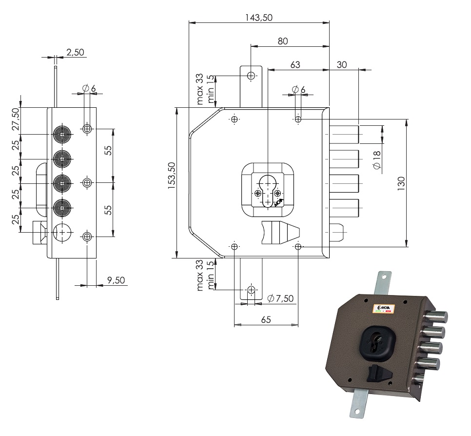 foto del prodotto moia serratura g454b sx triplice appl. xlegno