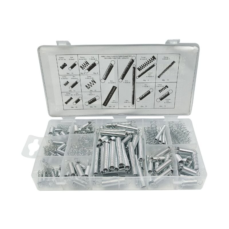 foto del prodotto molle di compressione e di estensione, assortimento di perni di pressione e di tensione in metallo e acciaio con scatola di immagazzinaggio 200