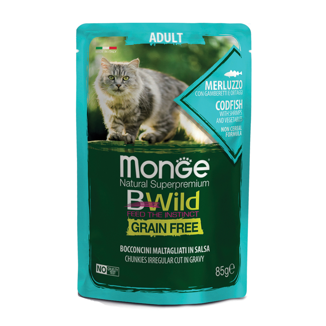 foto del prodotto monge bwild busta adult merluzzo gamberetti ortaggi 85 g