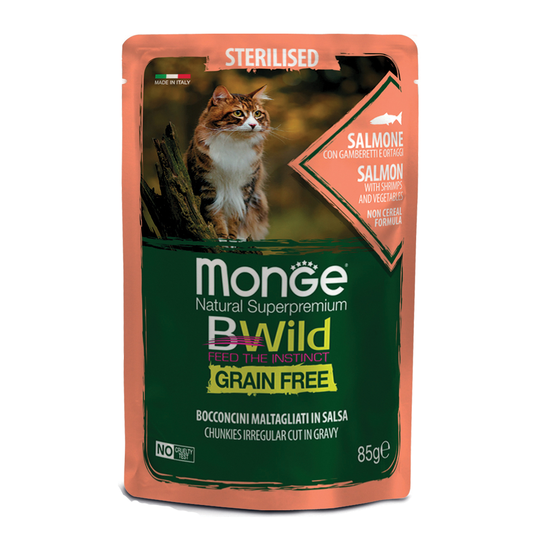 foto del prodotto monge bwild busta sterilised salmone gamberetti ortaggi 85 g
