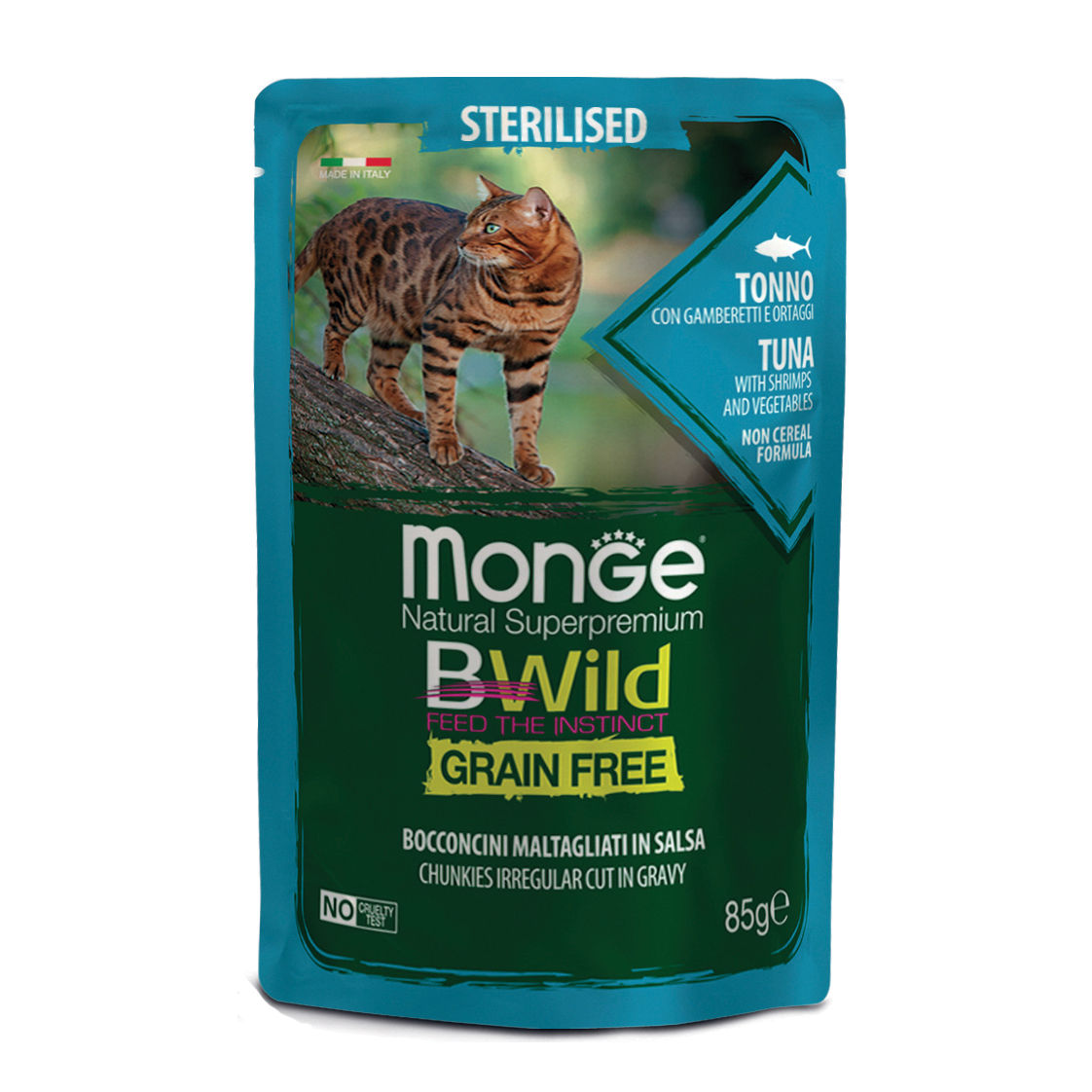 foto del prodotto monge bwild busta sterilised tonno gamberetti ortaggi 85 g