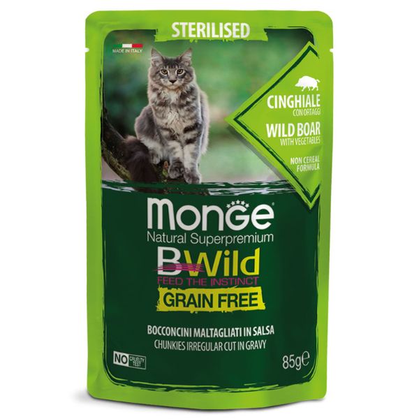 foto del prodotto monge bwild grain free sterilised cat 85 gr cinghiale con ortaggi confezione da 28 pezzi 1 ordine scegli lo sconto bzr5 bzr20 200 punti fedelt 