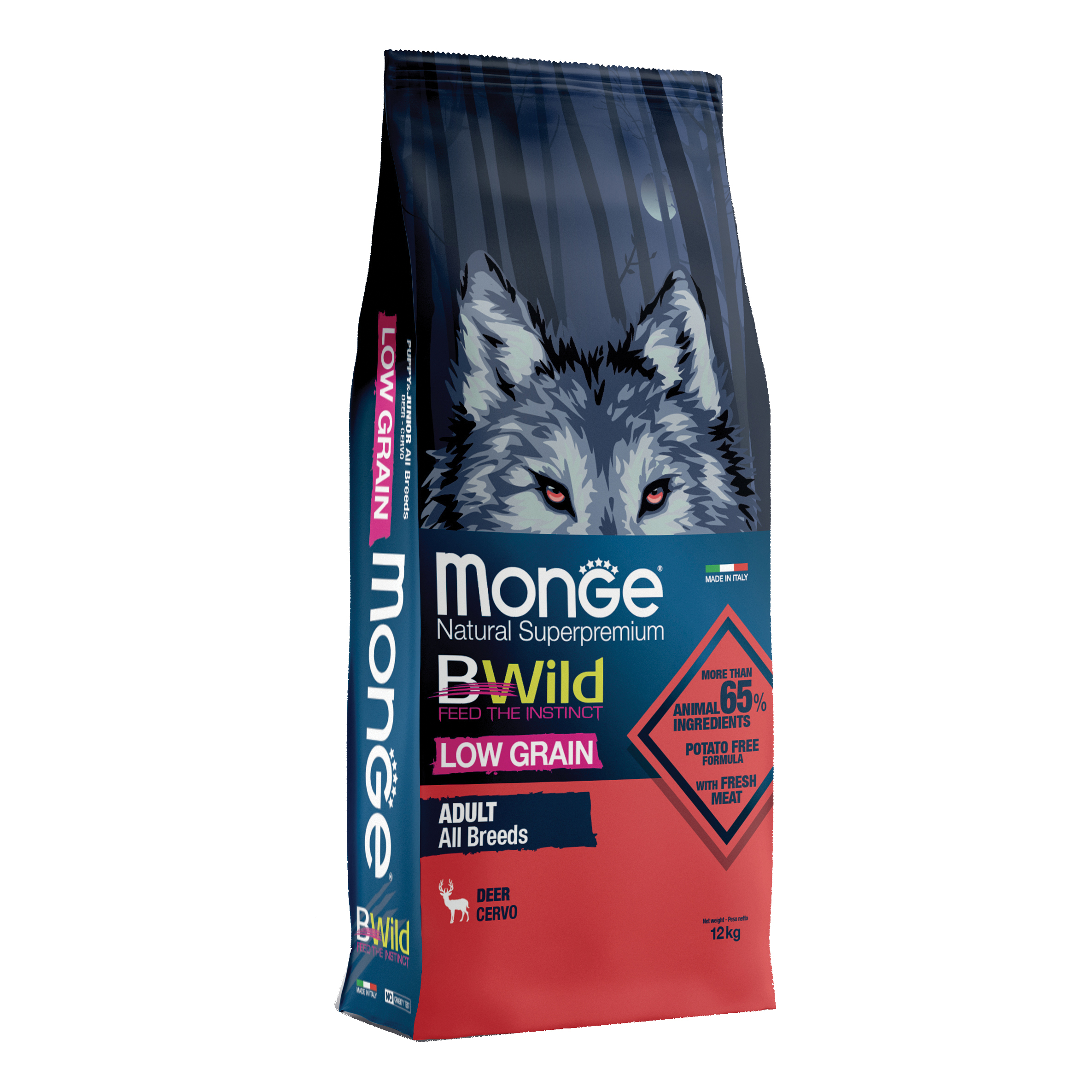 foto del prodotto monge cane bwild low grain adulto all breeds cervo 12 kg