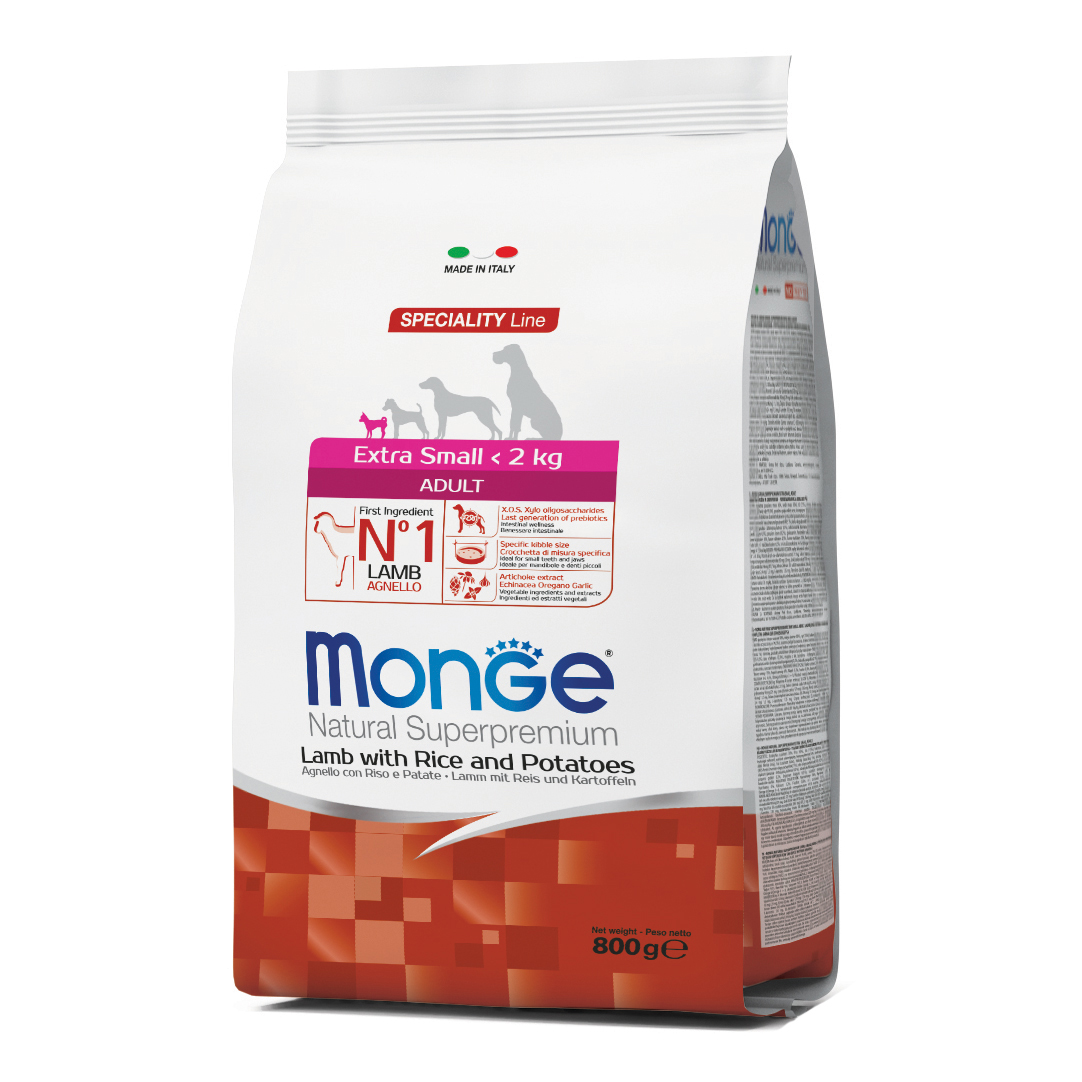 foto del prodotto monge cane natural superpremium adulto extra small agnello, riso &amp; patate 800 gr