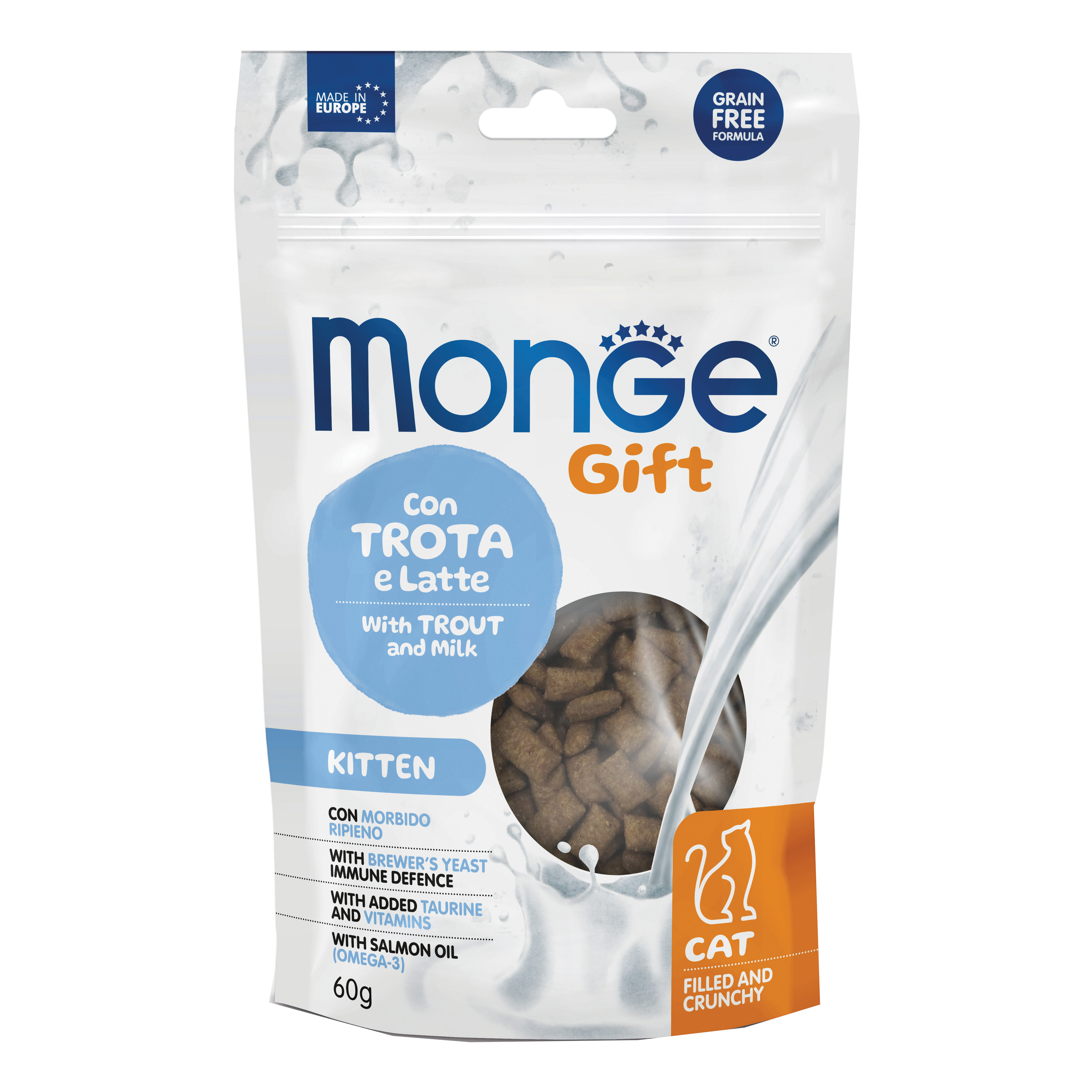foto del prodotto monge cat filled and crunchy gift gattino con trota e latte 60 g