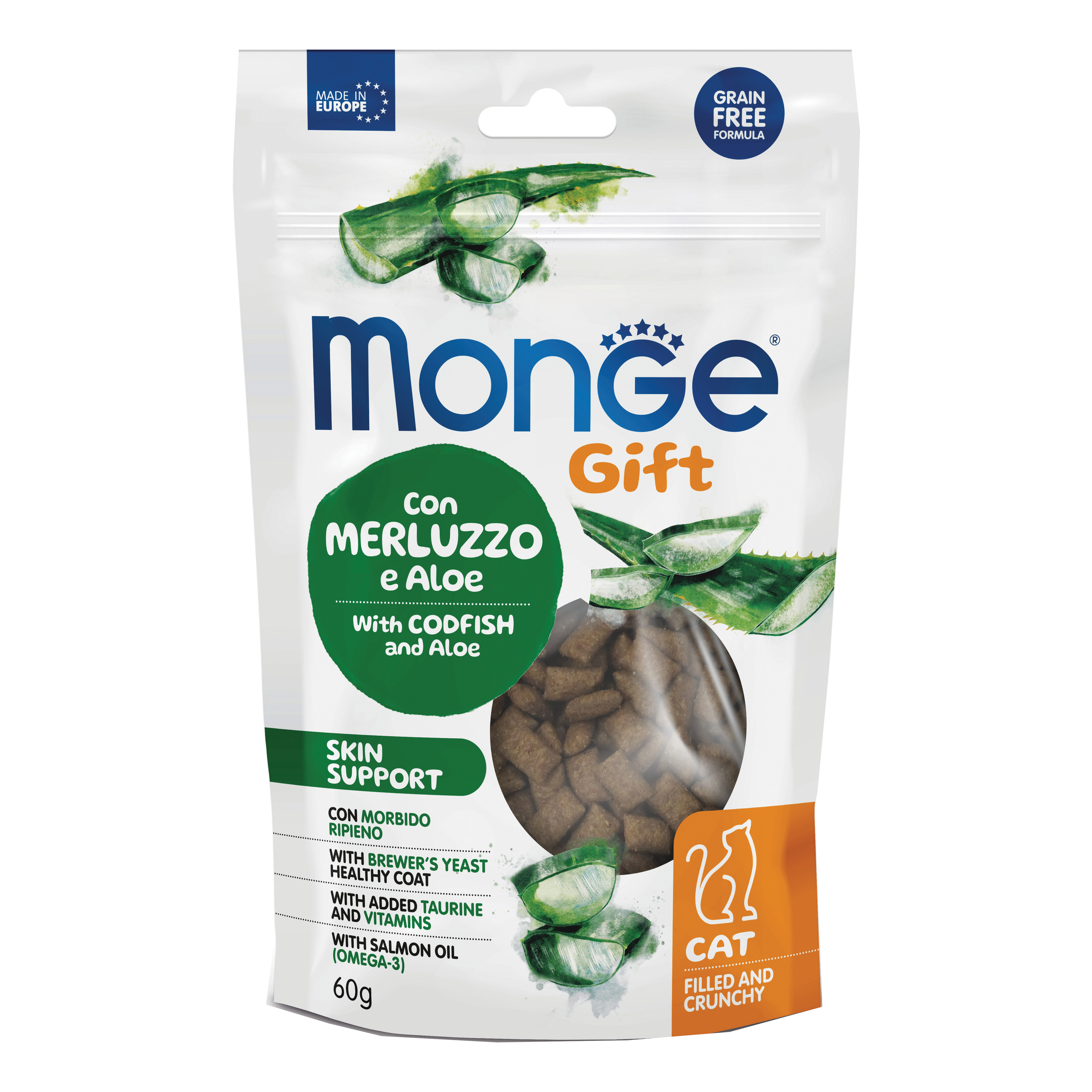 foto del prodotto monge cat filled and crunchy gift skin support con merluzzo e aloe vera 60 g