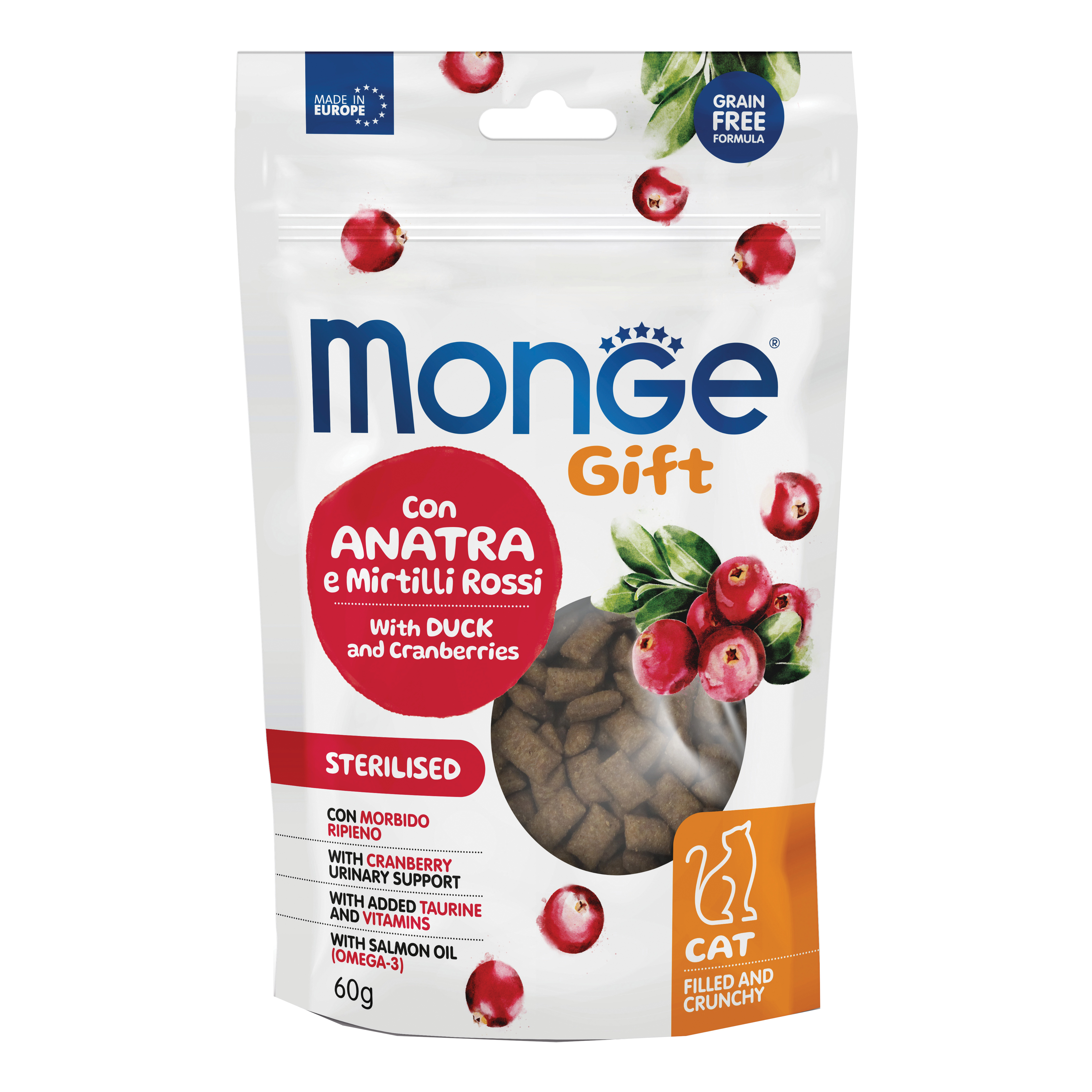 foto del prodotto monge cat filled and crunchy gift sterilsed con anatra e mirtilli rossi 60 g