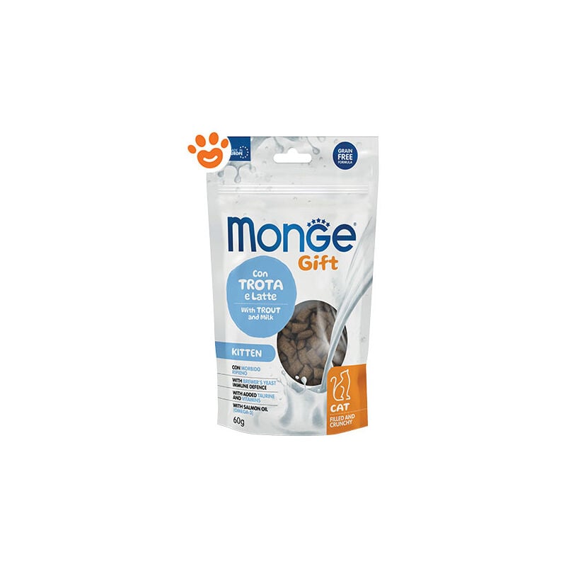 foto del prodotto monge cat gift filled crunchy kitten trota e latte omaggio cat gift filled crunchy kitten trota e latte omaggio confezione da 60 gr 