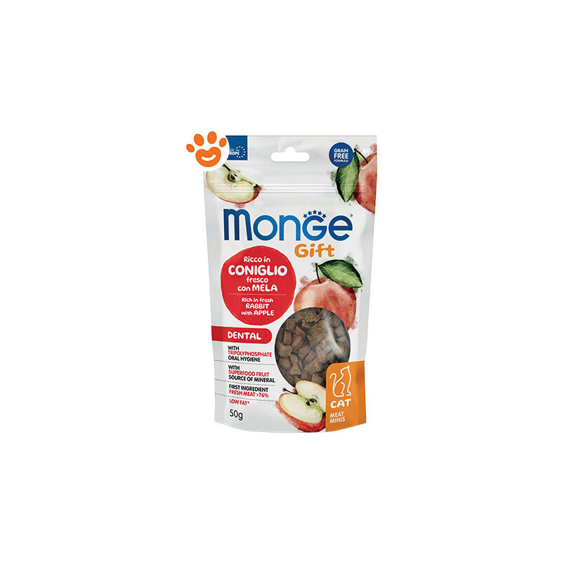 foto del prodotto monge cat gift meat minis dental coniglio con mela omaggio cat gift meat minis dental coniglio con mela omaggio confezione da 50 gr omaggio