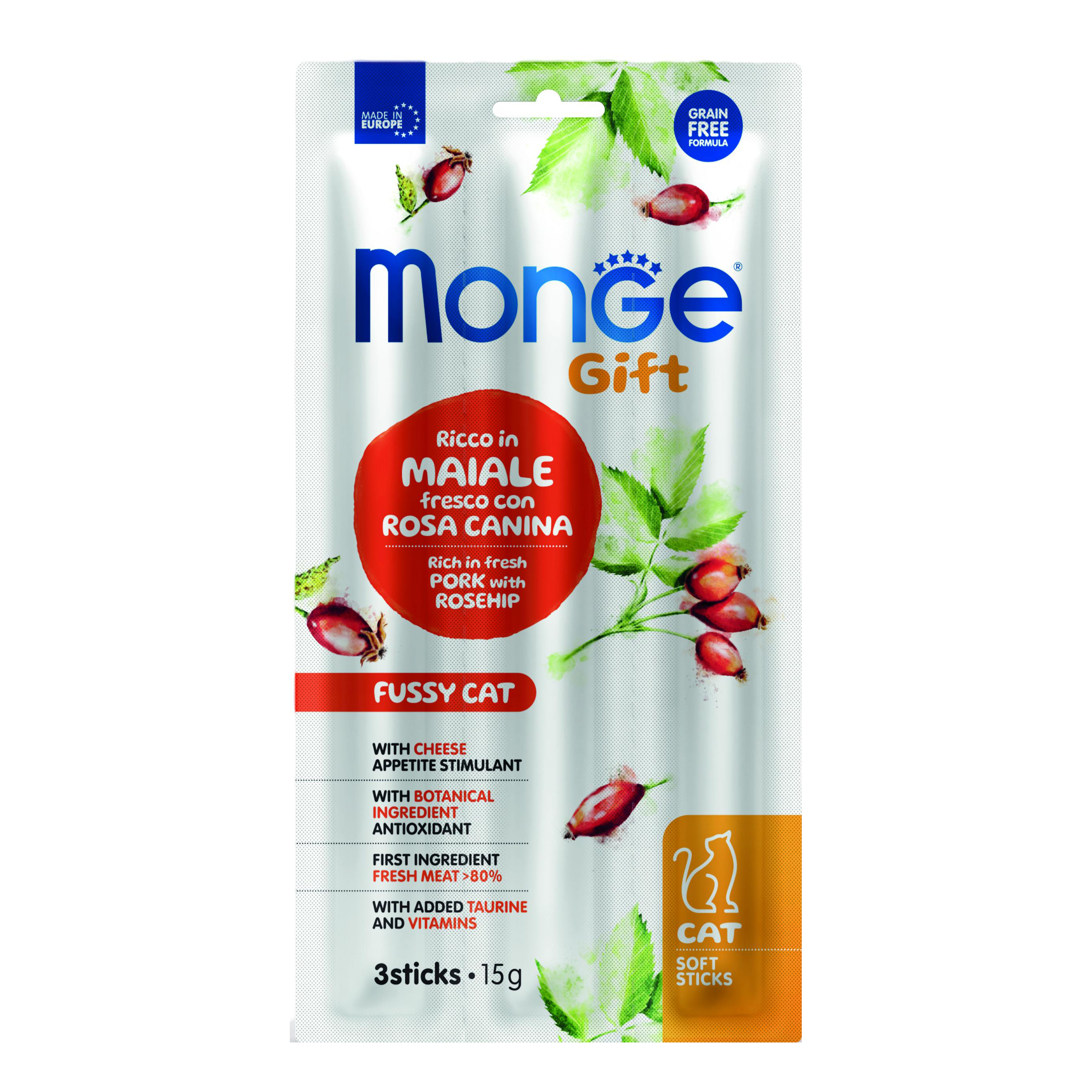 foto del prodotto monge cat soft sticks gift appetito difficile ricco in maiale fresco con rosa canina e formaggio 15 g