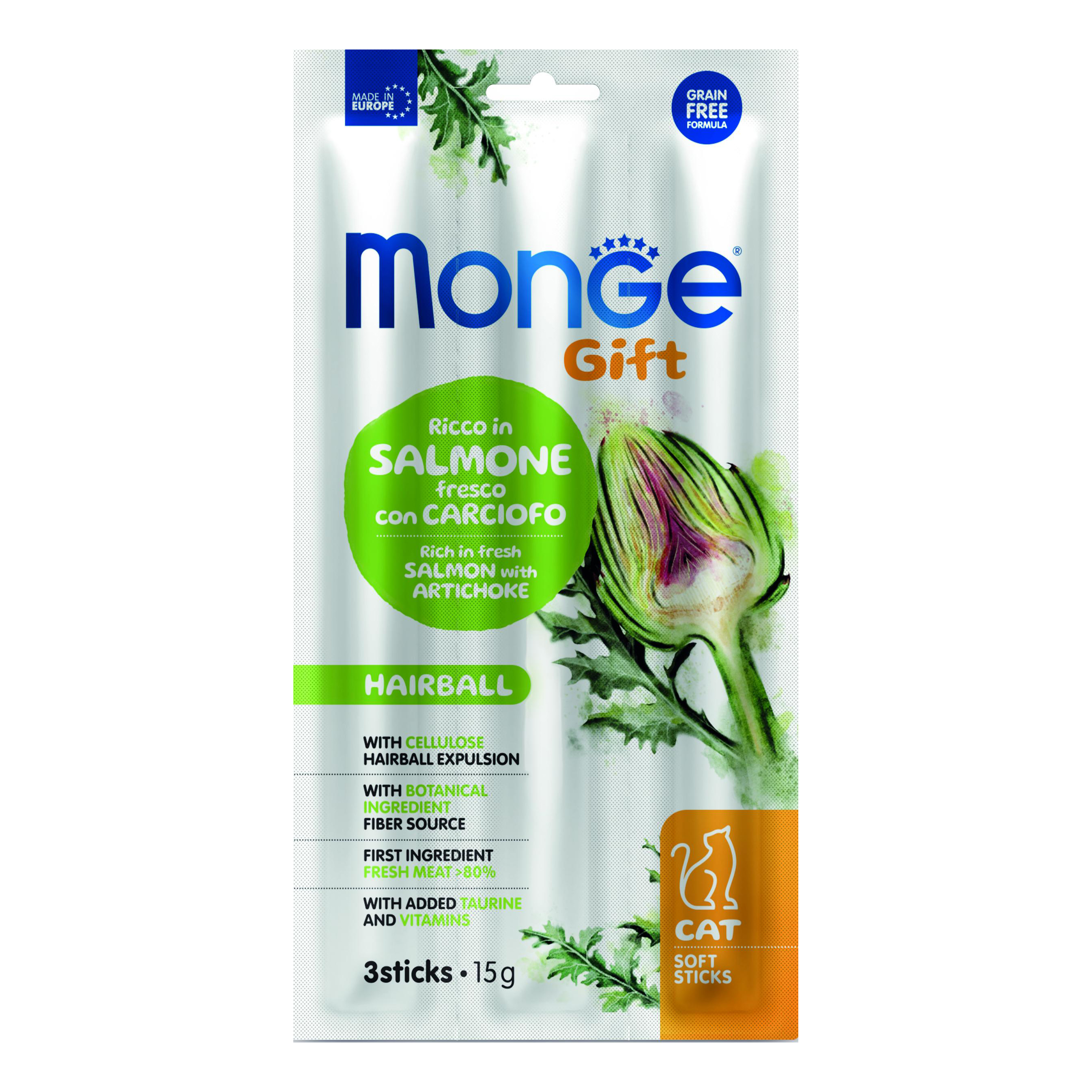 foto del prodotto monge cat soft sticks gift hairball ricco in salmone fresco con carciofo 15 g