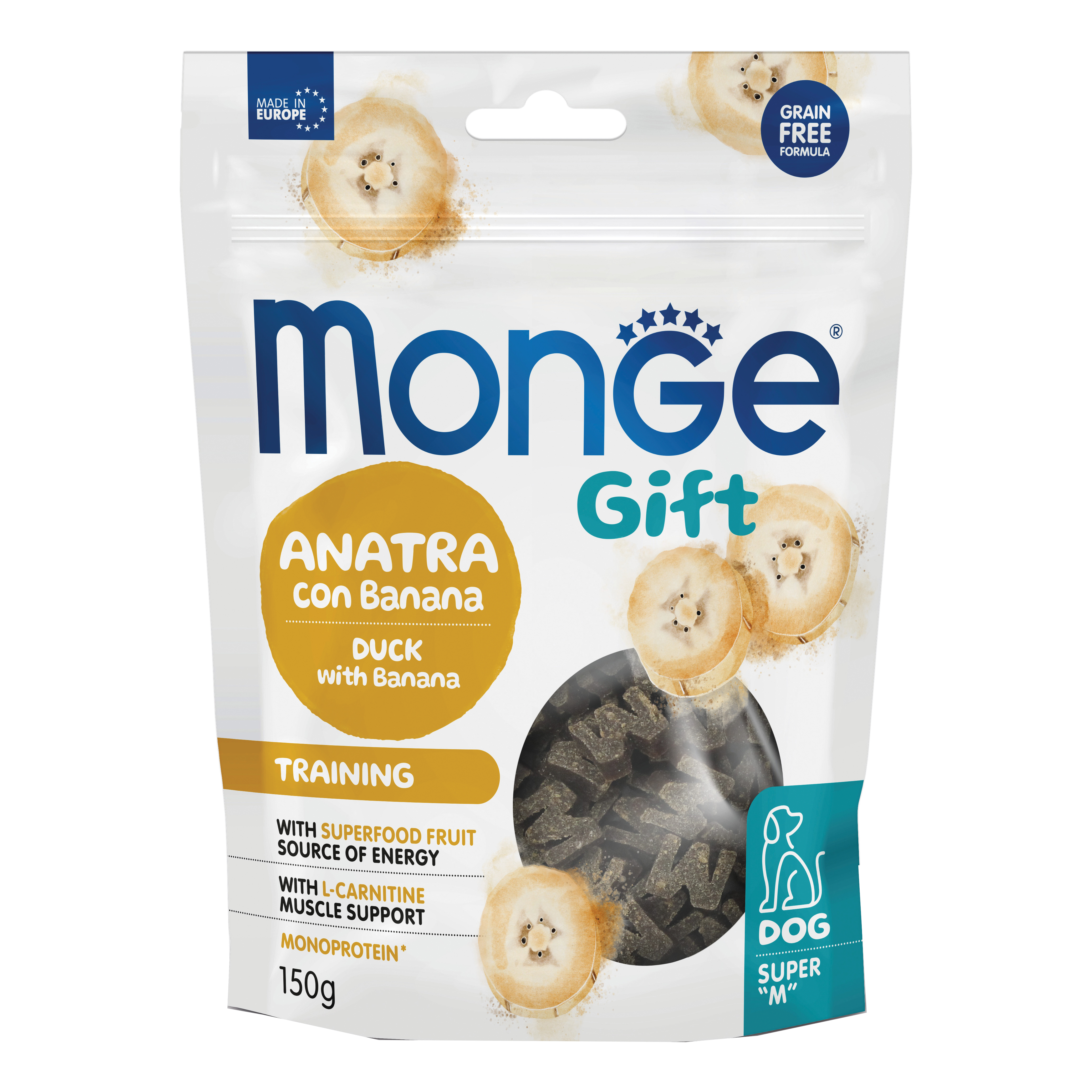 foto del prodotto monge dog super m gift training anatra con banana 150 g