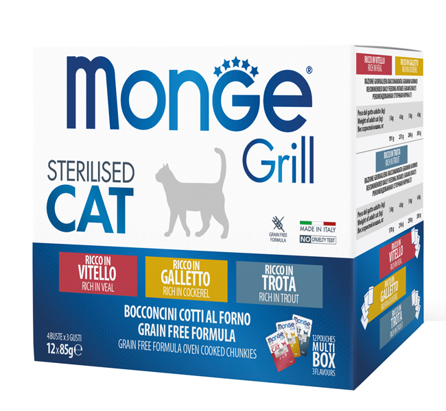 foto del prodotto monge gatto grill multibox adulto sterilizzato galletto, vitello, trota cf. 12x85 gr