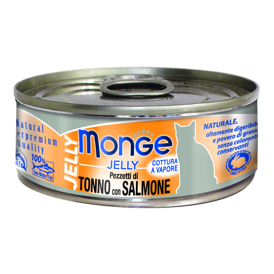 foto del prodotto monge gatto jelly lattina adulto pezzetti di tonno bonito amp salmone 80 gr