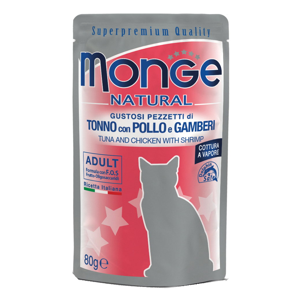 foto del prodotto monge gatto natural busta adulto tonno, pollo amp gamberetti 80 gr
