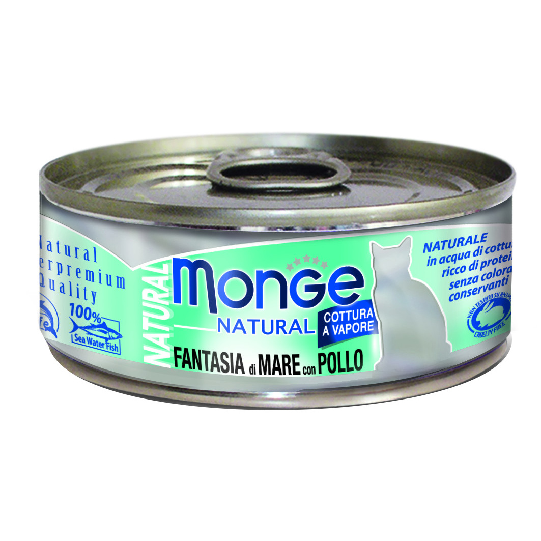 foto del prodotto monge gatto natural lattina adulto fantasia di mare amp pollo 80 gr