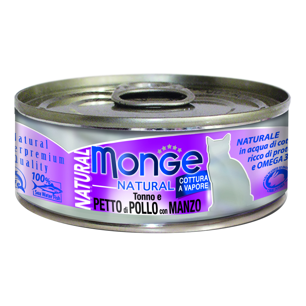foto del prodotto monge gatto natural lattina adulto petto di pollo amp manzo 80 gr