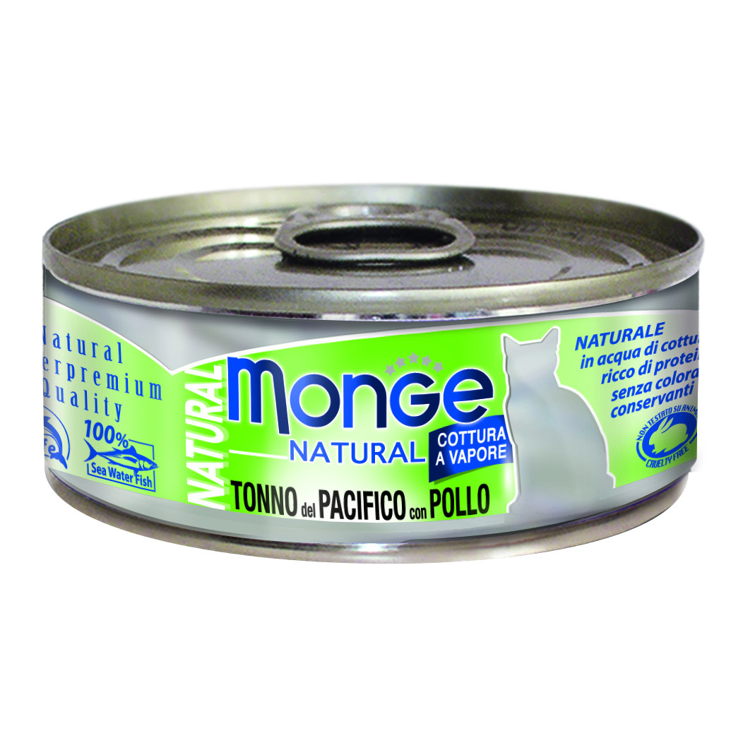 foto del prodotto monge gatto natural lattina adulto tonno del pacifico amp pollo 80 gr
