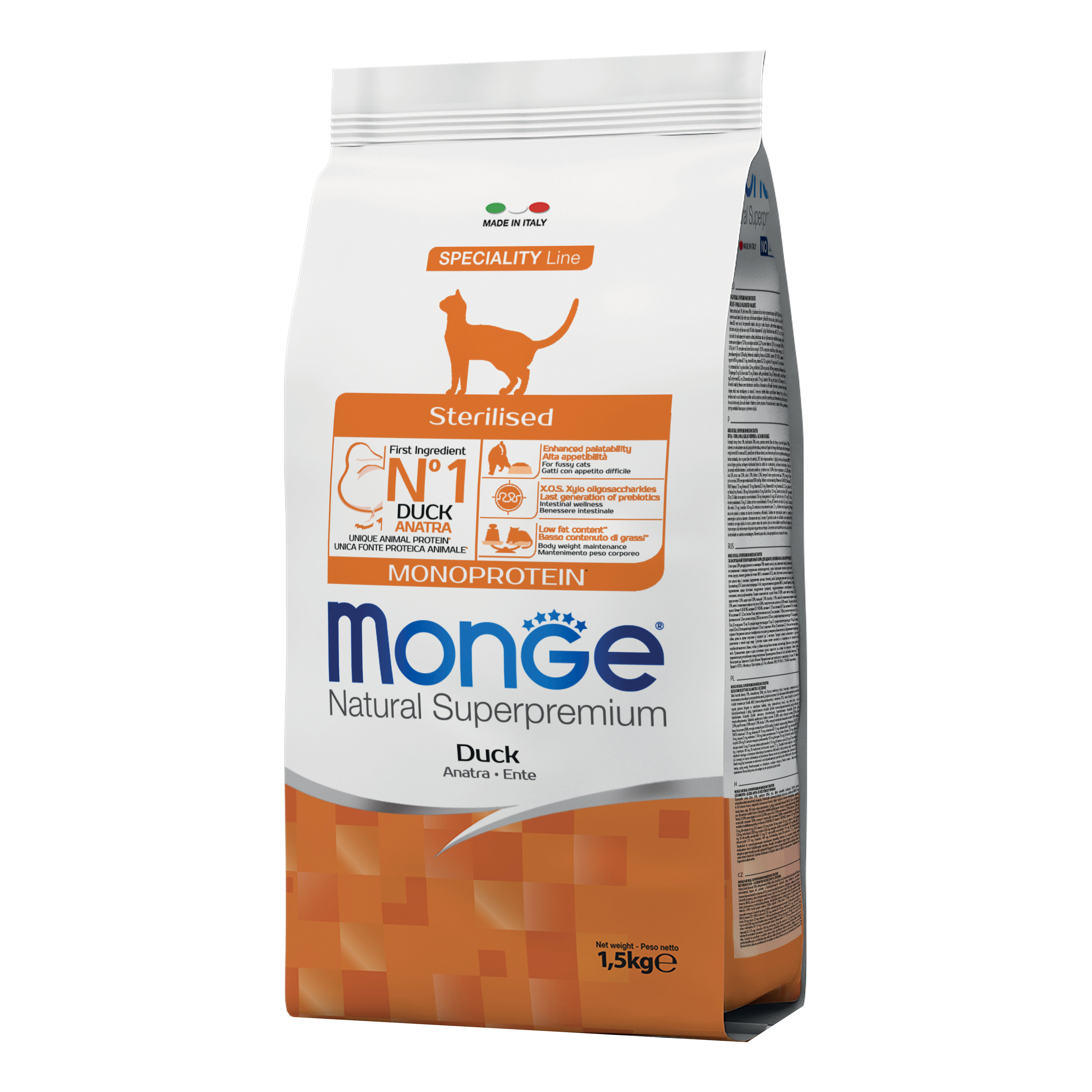 foto del prodotto monge gatto natural superpremium adulto sterilizzato anatra 1,5 kg