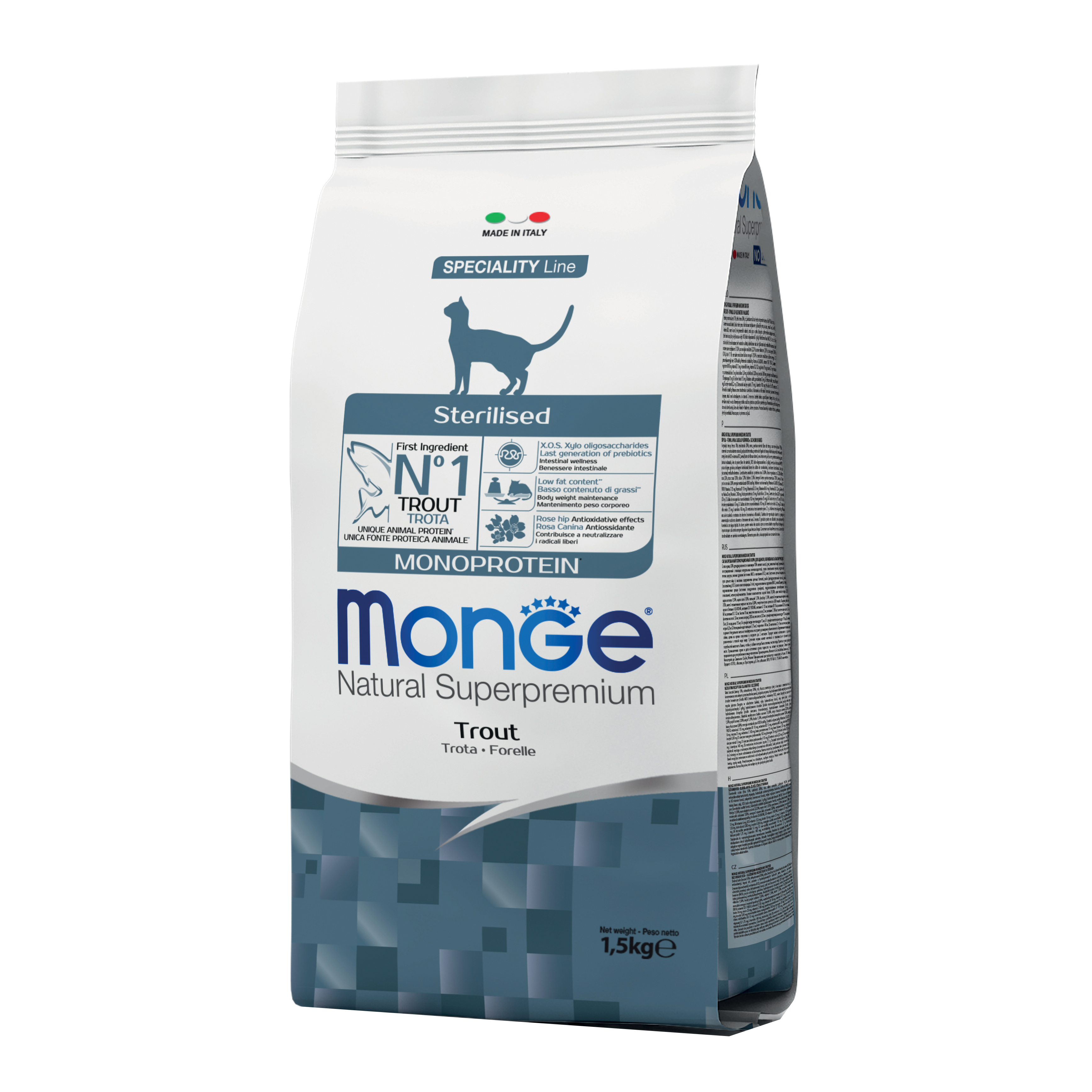 foto del prodotto monge gatto natural superpremium adulto sterilizzato trota 1,5 kg