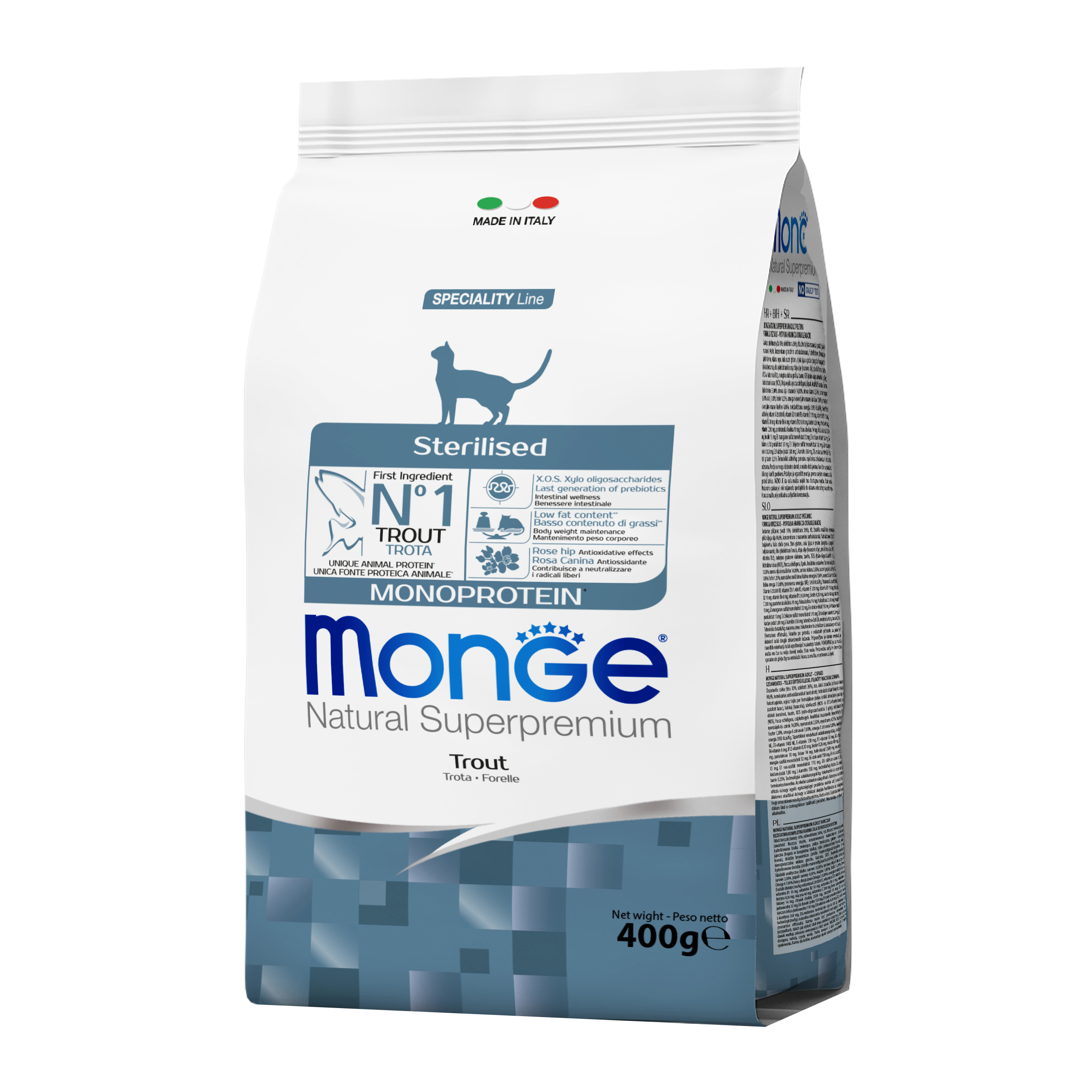 foto del prodotto monge gatto natural superpremium adulto sterilizzato trota 400 gr