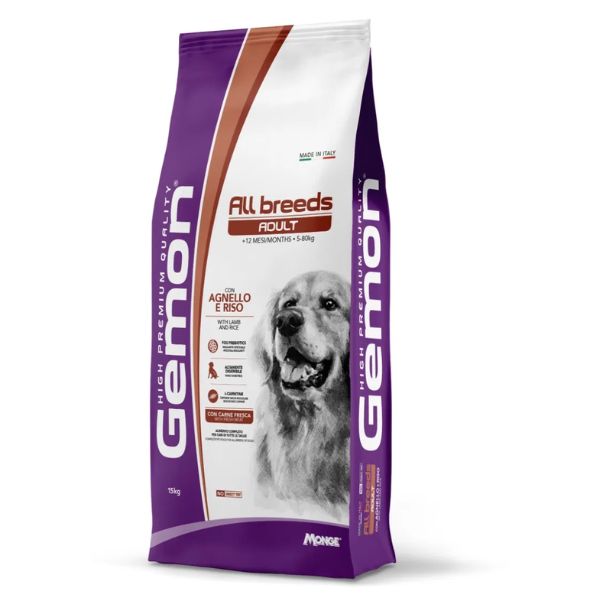 foto del prodotto monge gemon all breeds adult con agnello e riso 15 kg croccantini per cani 1 ordine scegli lo sconto bzr5 bzr20 200 punti fedelt 