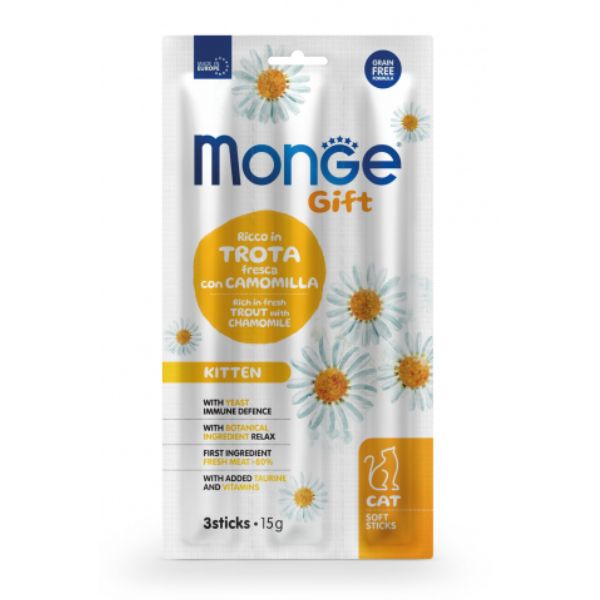 foto del prodotto monge gift snack grain free per gattini - trota con camomilla - stick da 15 gr - 1 ordine scegli lo sconto bzr5 bzr20 200 punti fedeltà