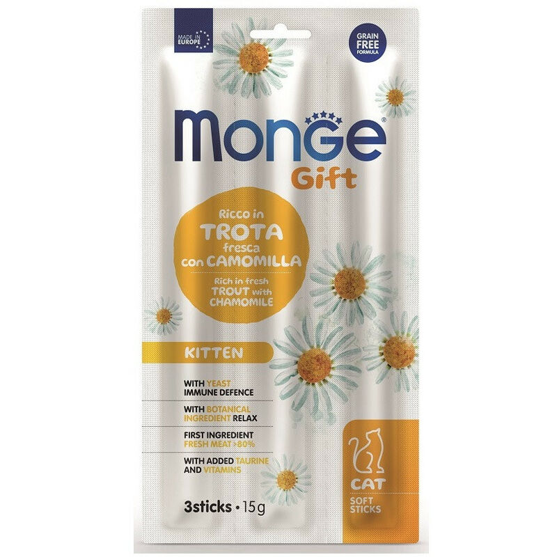 foto del prodotto monge gift soft sticks per kitten trota con camomilla da 3 sticks