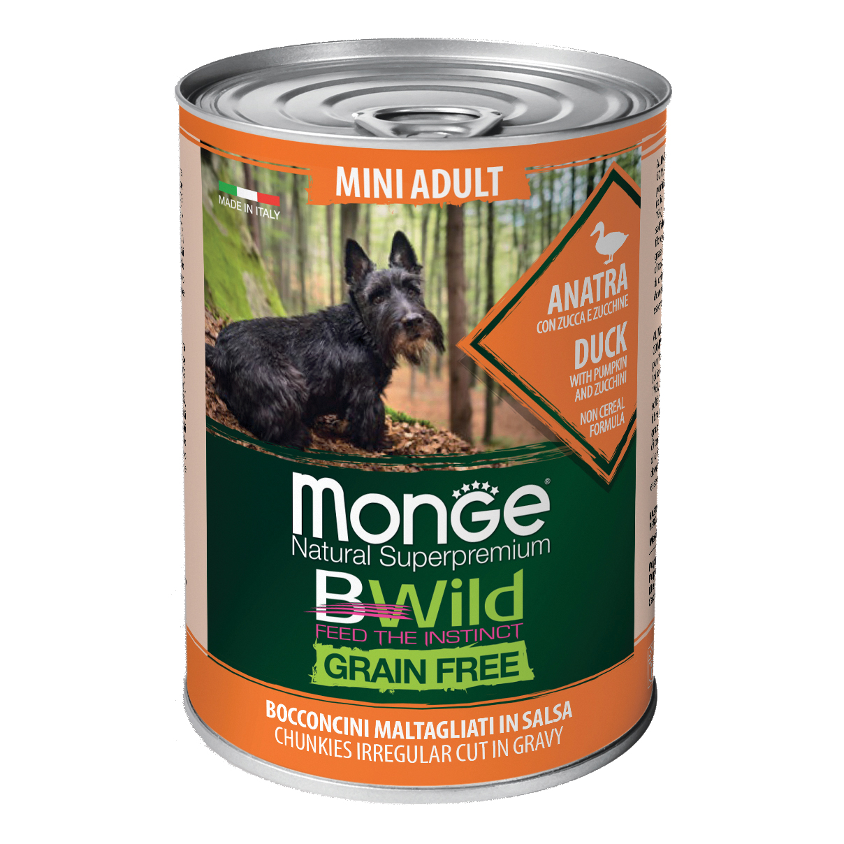 foto del prodotto monge grain free mini adult anatra con zucca e zucchine 400 g