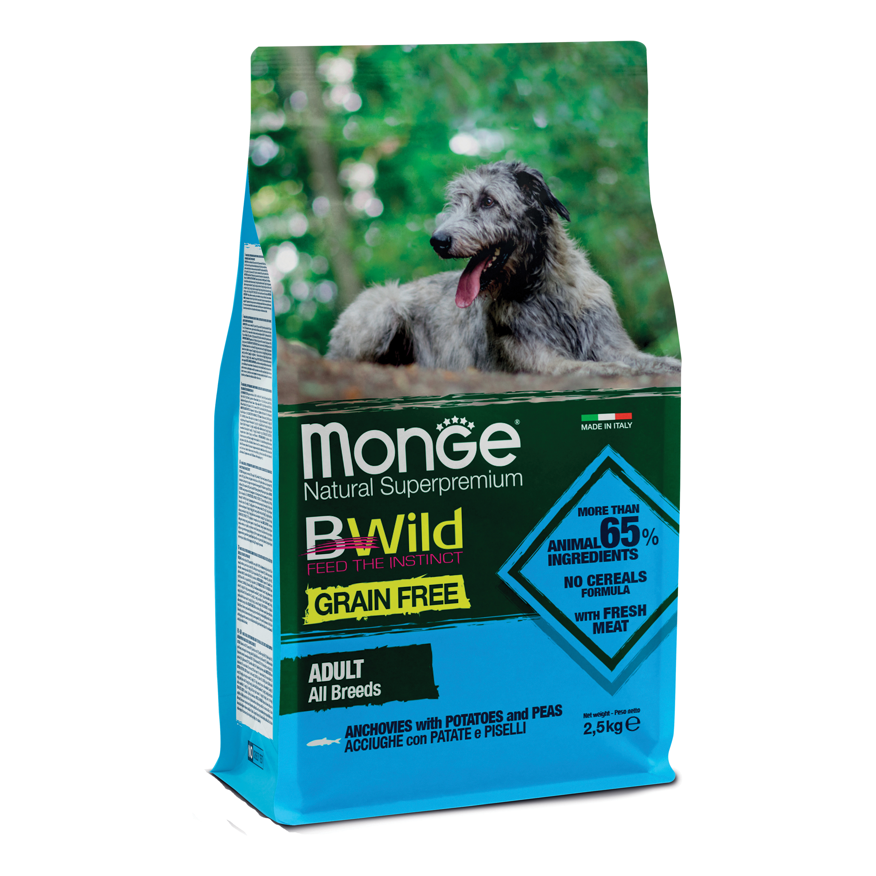 foto del prodotto monge grain free natural superpremium secco cane all breeds acciughe patate piselli 2,5 kg