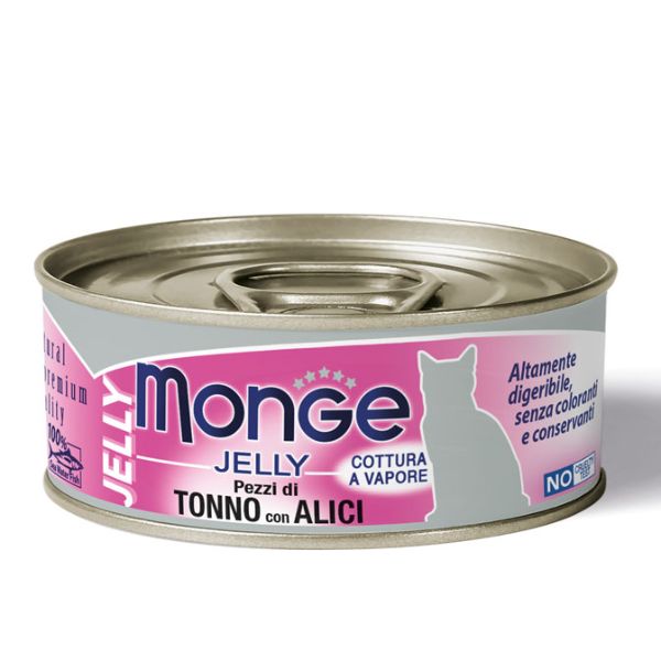 foto del prodotto monge jelly adult cottura al vapore 80 gr pezzi di tonno e acciughine confezione da 24 pezzi cibo umido per gatti 1 ordine scegli lo sconto bzr5 bzr20 200 punti fedelt 