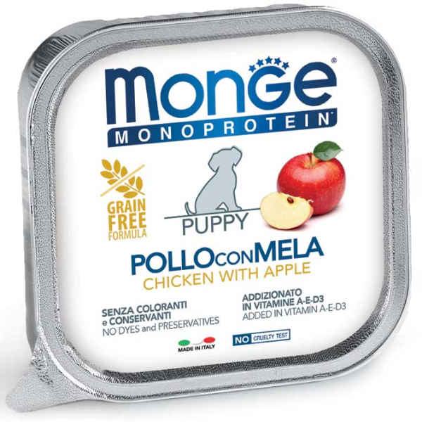 foto del prodotto monge monoprotein patè puppy grain free 150 gr - pollo e mela - confezione da 6 pezzi - umido monoproteico cane - 1 ordine scegli lo sconto bzr5 bzr20 200 punti fedeltà