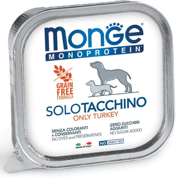 foto del prodotto monge monoprotein solo pat grain free 150 gr tacchino confezione da 24 pezzi umido monoproteico cane 1 ordine scegli lo sconto bzr5 bzr20 200 punti fedelt 
