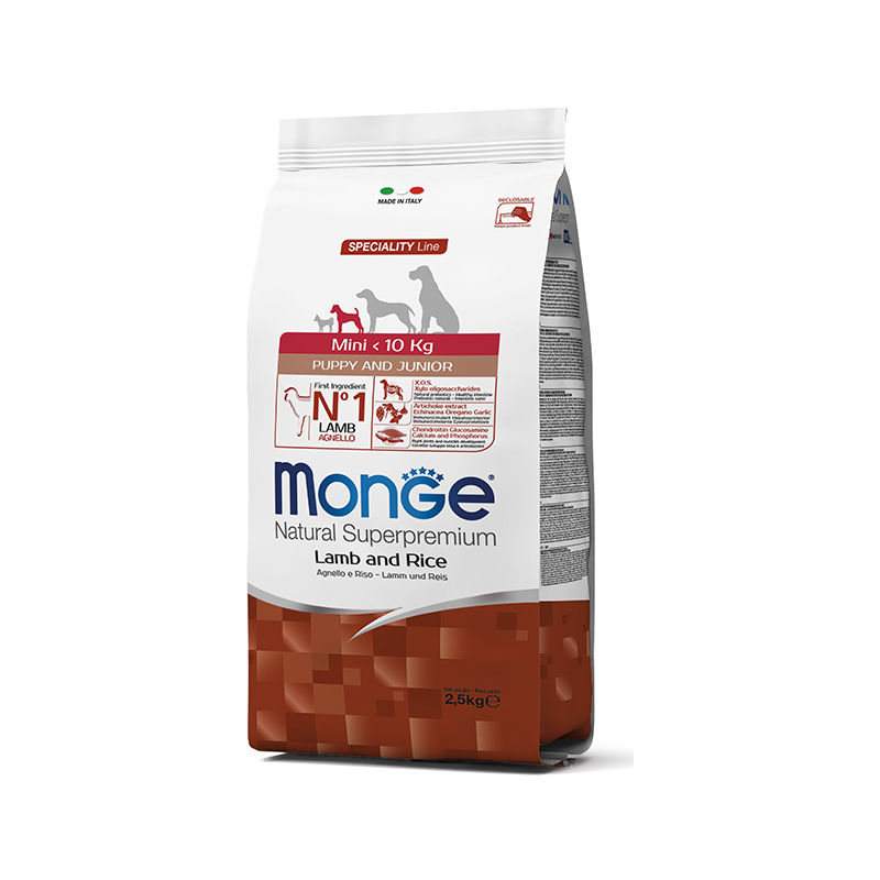 foto del prodotto monge natural cane taglia piccola, crocchette cucciolo, agnello e riso 800gr