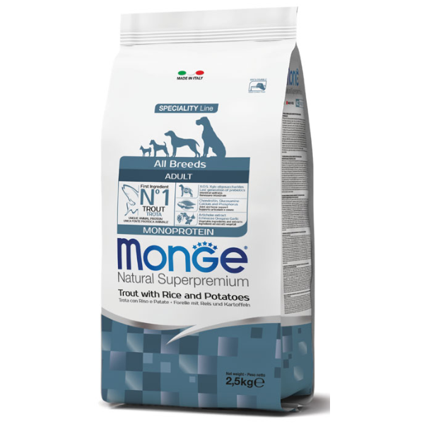 foto del prodotto monge natural superpremium all breeds adult monoprotein trota con riso e patate 2,5kg 1 ordine scegli lo sconto bzr5 bzr20 200 punti fedelt 