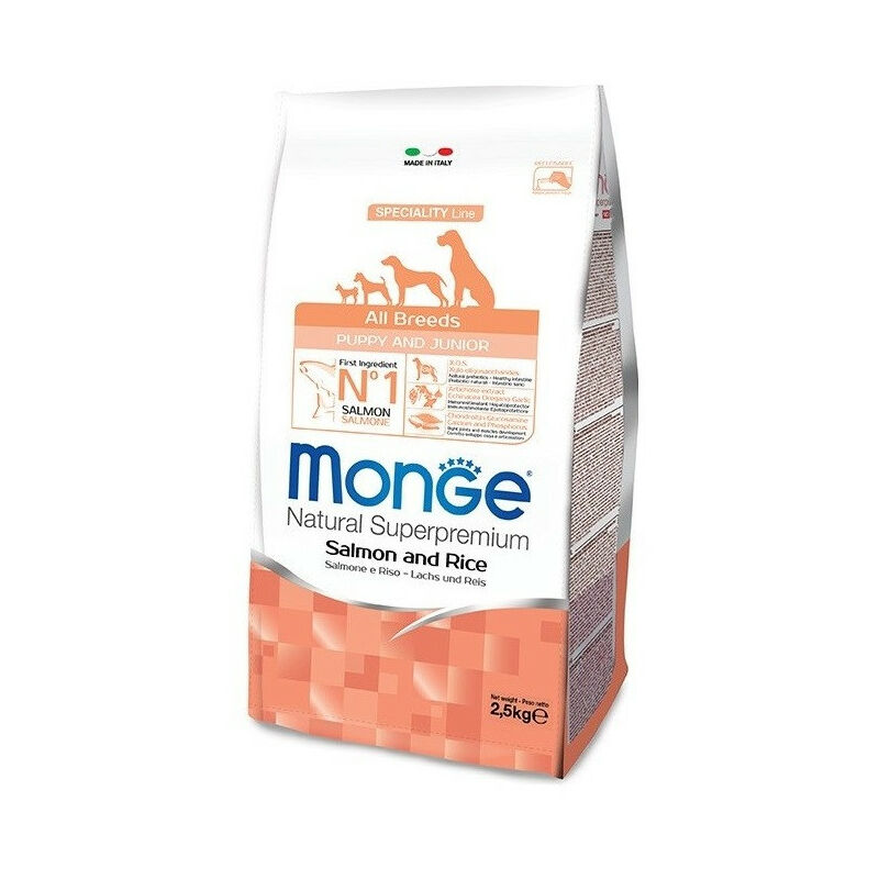 foto del prodotto monge per cane puppy e junior all breeds con salmone e riso da