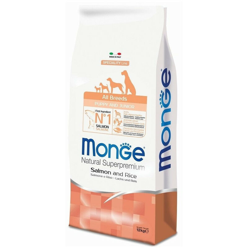 foto del prodotto monge per cane puppy e junior all breeds con salmone e riso da