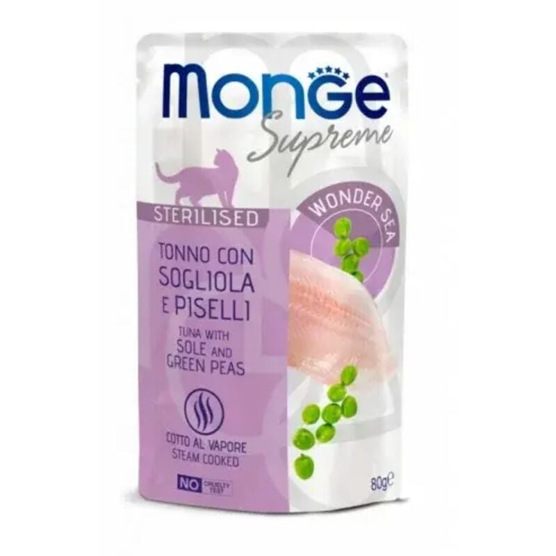 foto del prodotto monge supreme sterilised cat tonno con pesce, sogliola e piselli 80g