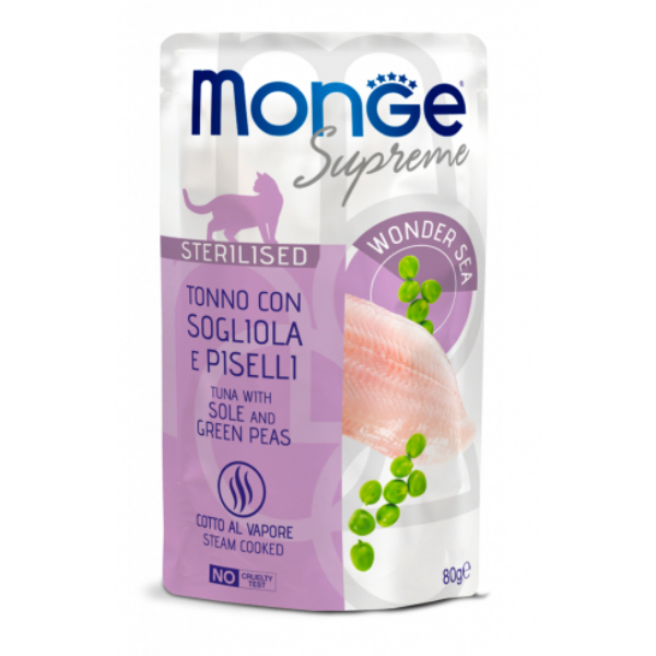 foto del prodotto monge supreme sterilised in salsa bustina da 80 gr tonno con sogliola e piselli confezione da 24 pezzi 1 ordine scegli lo sconto bzr5 bzr20 200 punti fedelt 