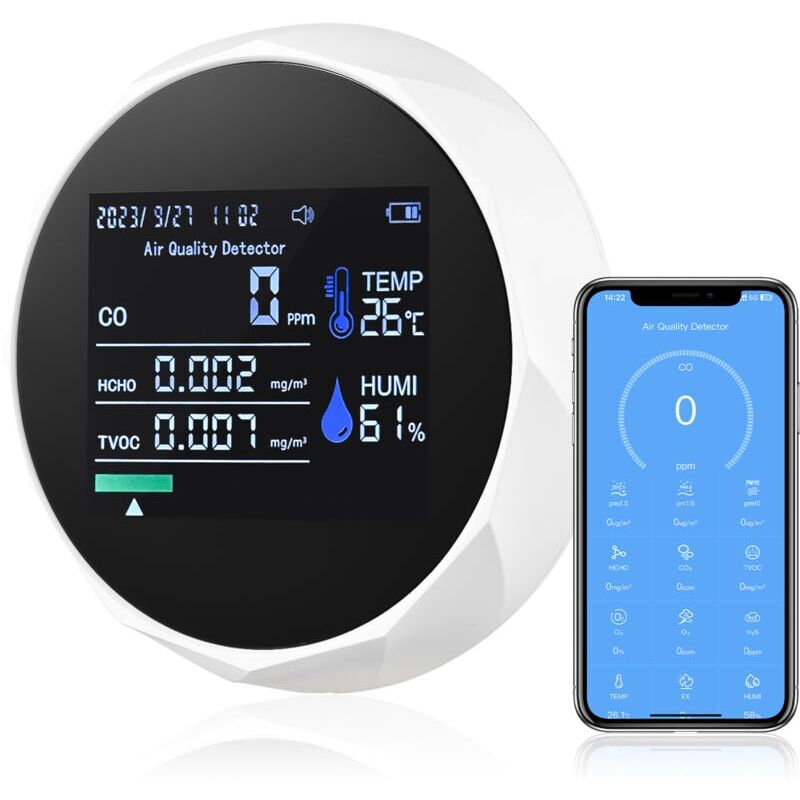 foto del prodotto monitor della qualità dell'aria , rilevatore di inquinamento dell'aria interna 5 in 1, monitor di co2 formaldeide hcho , tvoc aqi, con sensore di