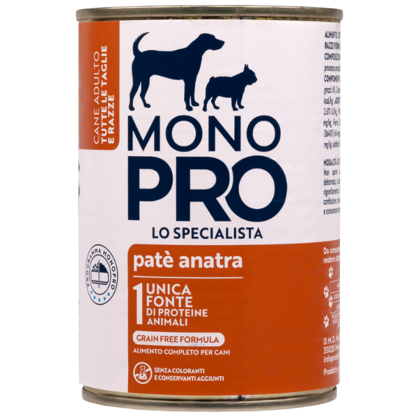 foto del prodotto monopro lo specialista adult all breeds pat grain free 400 gr anatra umido monoproteico cane 1 ordine scegli lo sconto bzr5 bzr20 200 punti fedelt 